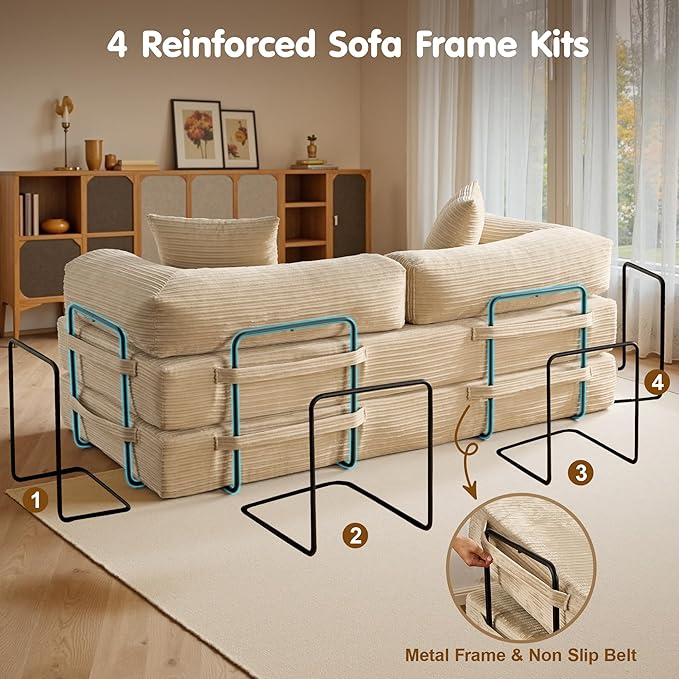 81″ Convertible Sleeper Sofa Bed with Pillows Corduroy Foldable Mattress Couch with Fixed-Shape Frame Futon Sofa Bed Boneless Couch for Living Room Bedroom Lounge Studio Beige