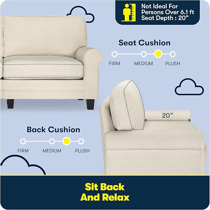 Serta Copenhagen 73 Rolled Arm Sofa Easy Care Polyester Soft Pillow Back Pocket Coil Seat Cushions Removable Covers Loveseat or Couch for Small Spaces Living Rooms or Bedrooms Buttercream