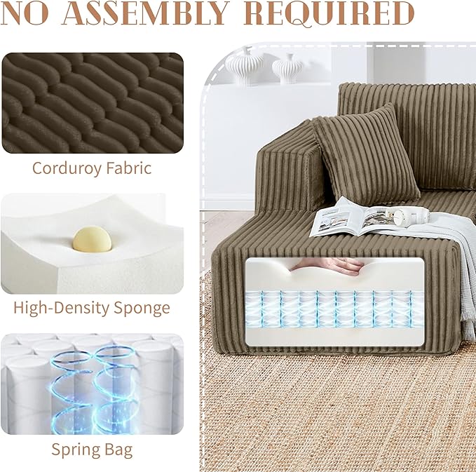 132 U Shaped Couch Boneless Sectional Sofa with Double Chaise Lounge Comfy Memory Foam Corduroy Cloud Couch Modular Sofas Couches for Living Room No Assembly Required (Brown U Shape)