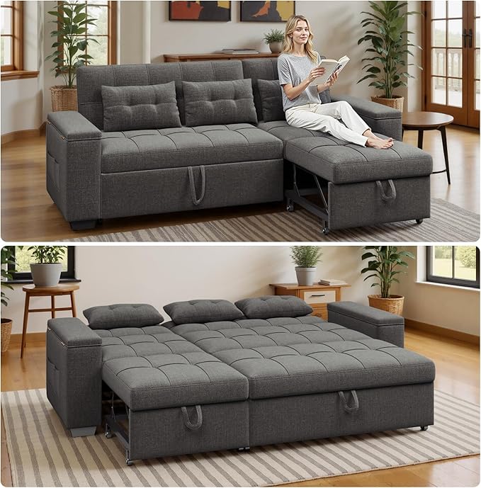 Ahomly 87 Convertible Sleeper Sofa Bed with Pull-Out Design Adjustable Backrest Wide Armrests with Storage Comfortable Pillows – Perfect for Small Spaces (Dark Grey)