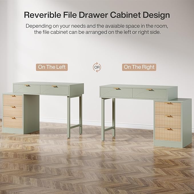 Tribesigns Computer Desk with 5 Drawers Reversible Small Writing Desk with Storage Modern Wooden Study Table Office Workstation for Home Office Small Spaces Mint Green
