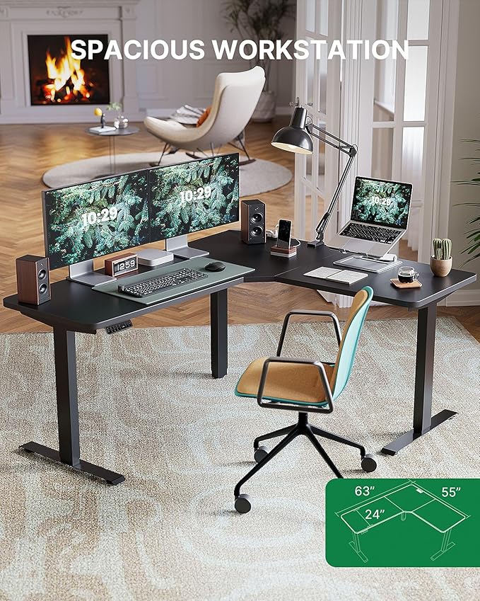 Marsail Corner Stand Up Desk Adjustable Height with 4-in 1 Electical Outlet L Shaped Electric Standing Desk with Headphone Hook Stand up Desk for Home Office Sturdy Writing Workstation Black