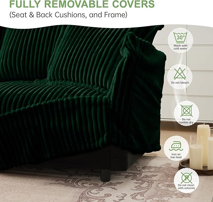 Modular Accent Armchair with Ottoman and Pillows Soft Corduroy Lounge Chair for Living Room Bedroom or Reading Nook – Oversized Chaise Lounge Design (Green Chair+Ottoman)
