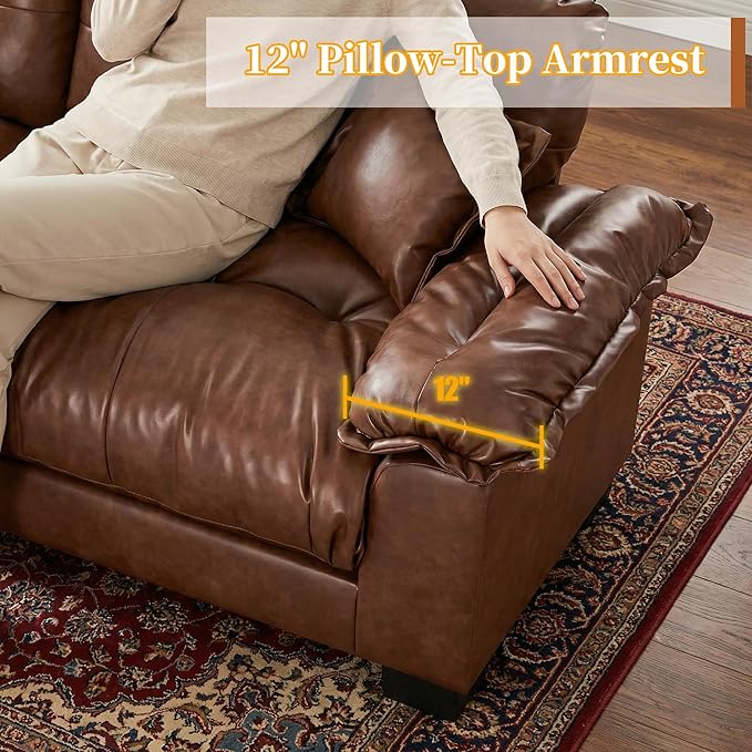 Faux Leather Sofa Mid Century Modern Deep Loveseats Comfy Cloud Couch Tufted Pillow Top Arm Furniture for Living Room Apartment Cognac Brown