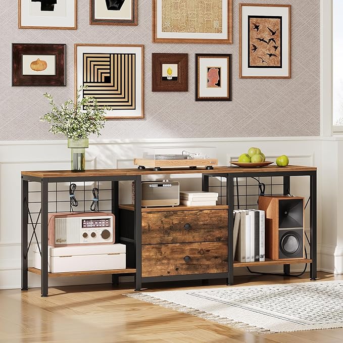 TV Stand with Power Outlet Up to 60 Inch Entertainment Center with 2 Fabric Drawers TV Console Table with Open Storage Shelves for TVs Cable Management for Living Room Bedroom DS14UBRY1