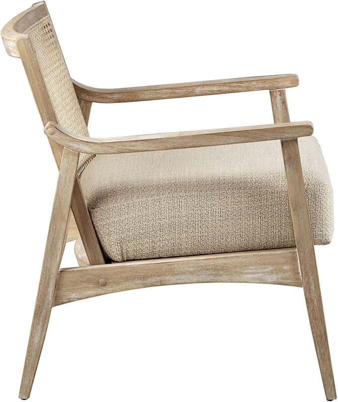 INK+IVY Kelly Accent Chair For Living Room Upholstered 6.25 T Seat Cushion Solid Wood Frame Cane Backrest Farmhouse Accent Armchair Family Room Rustic Furniture Décor 25W Light Brown