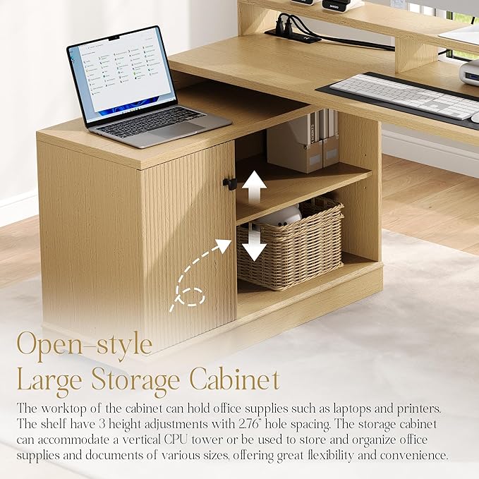 67 L Shaped Executive Desk with Drawers &amp Storage Shelf Corner Computer Desk with Power Outlets Home Office Desk with Monitor Stand Printer Shelf Computer Writing Desk for Work Oak