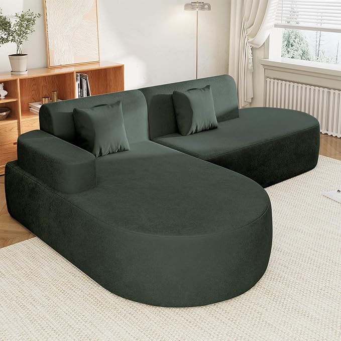 MELLCOM Modern Curved Boneless Sofa Couch L-Shaped Corner Sofa No Assembly Needed Chenille Upholstered Cloud Sectional Couch for Living Room Bedroom and Apartment (Green Left Hand Facing)