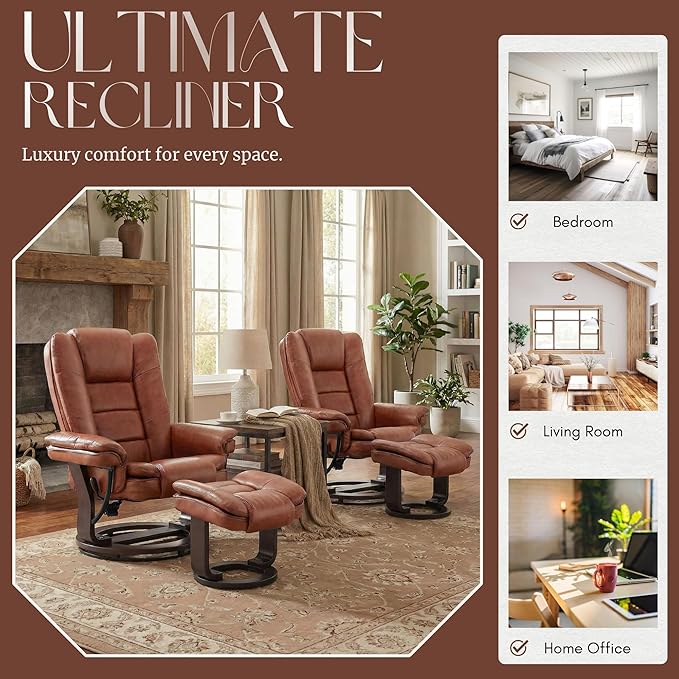 Argus Swivel Recliner with Ottoman PU Leather &amp Wood Base Reclining Chair with Footrest Ultra-Plush Double Foam for Living Room Bedroom and Office Set of 1