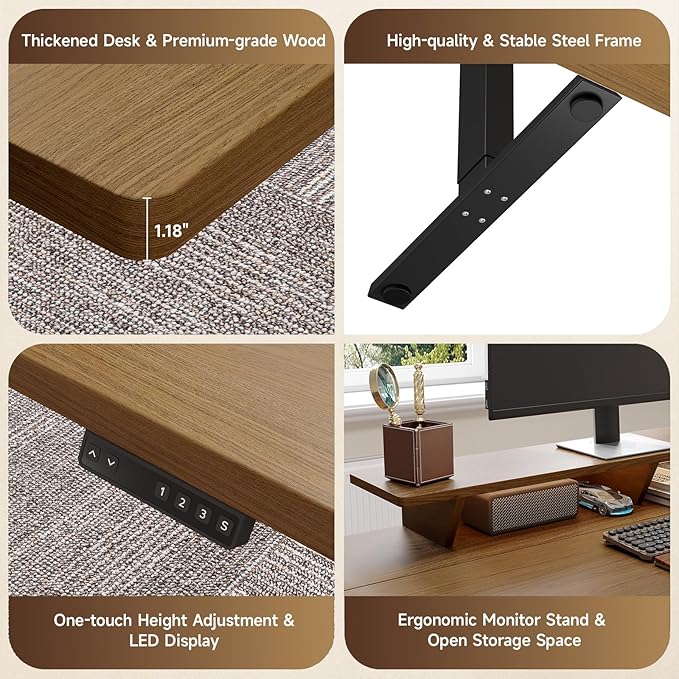 ONBRILL Home Office Furniture Set 63'' Standing Desk with 55'' File Cabinet Electric Height Adjustable Executive Workstation with Monitor Stand for Home Office Oak Brown