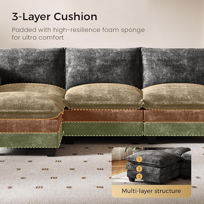 KKL Modular Sectional Sofa V-Shaped 3 Seater Cloud Couch with Ottoman Chenille Modern Sectional Couches for Living Room Apartment Grey