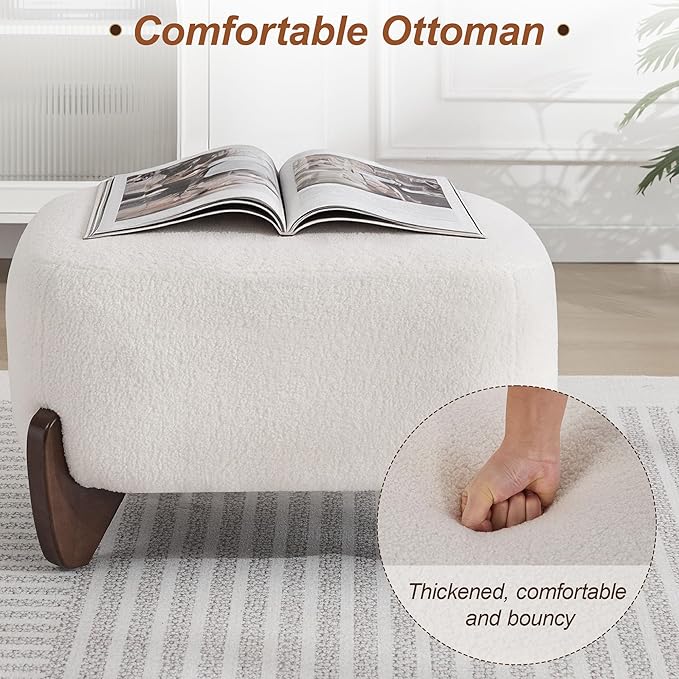 28.7 Sherpa Boucle Ottoman with Solid Wood Legs Modern Upholstered Footstool Comfy Ottoman for Living Room Bedroom White
