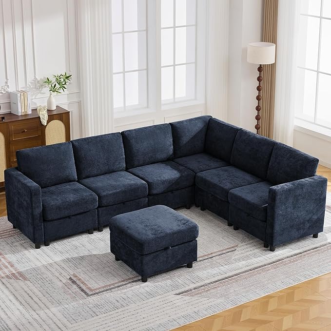 104'' V Shaped Modular Sofa Sectional Couch with Storage for Living Room Modern 7 Seater Cloud Sectional Couch with Movable Ottoman Chenille Navy