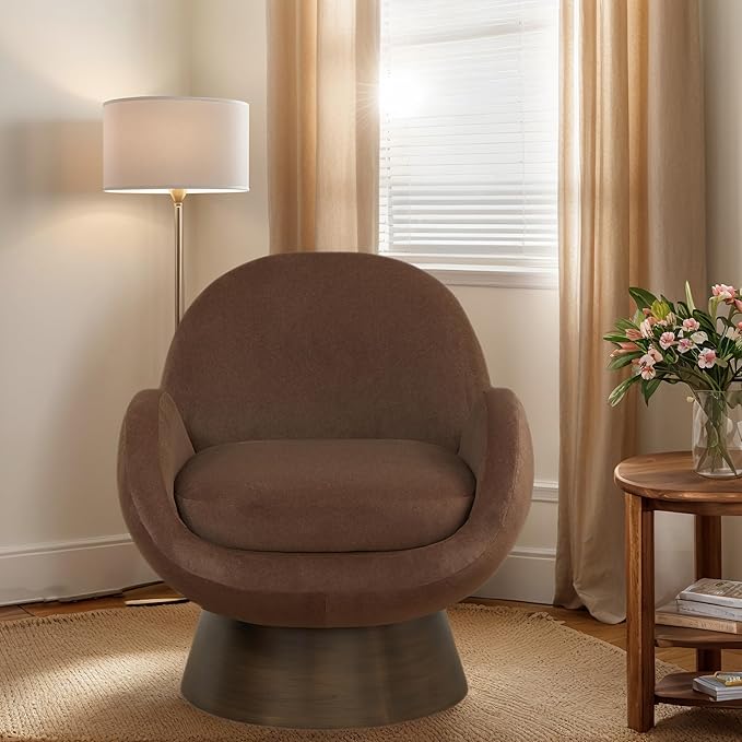 SAFAVIEH Couture Collection - Paolini Brown Upholstered Accent Chair Metal Swivel Base Sculptural Modern Design (SFV4880B)