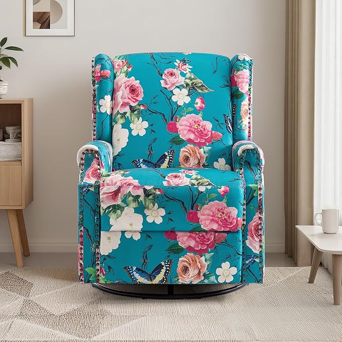 Swivel Rocker Recliner Chair Manual Nursery Glider Recliner Floral Fabric Wingback Accent Chair with Adjustable Backrest &amp Footrest for Small Spaces Living Room Bedroom (Peacock Blue Set of 2)