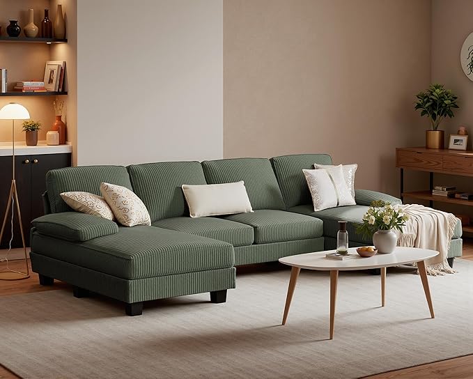 Furniwell Convertible Sectional Sofa Couch 4 Seat Sofa Set for Living Room U-Shaped Modern Fabric Modular Sofa Sleeper with Double Chaise &amp Memory Foam (Corduroy Deep Green)