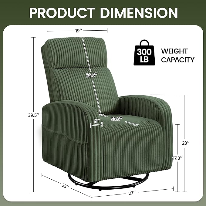 Yaheetech 360° Swivel Glider Chair for Nursery Rocking Chair Nursing Chair with Side Pockets Corduroy Glider for Living Room with High Back Dark Green