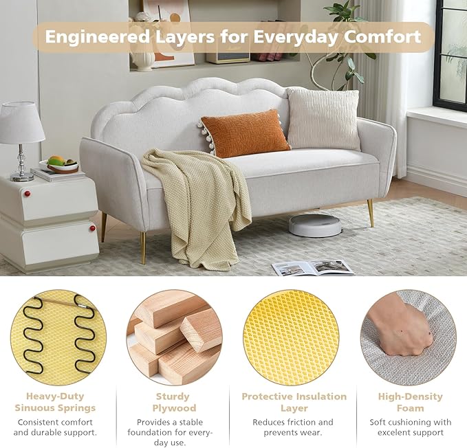 VELOCAVA 67 Loveseat Sofa Modern 2-Seater Upholstered Couch with Linen-Textured Fabric Curved Scalloped Back 7.87 Raised Legs for Living Room Apartment or Bedroom Beige