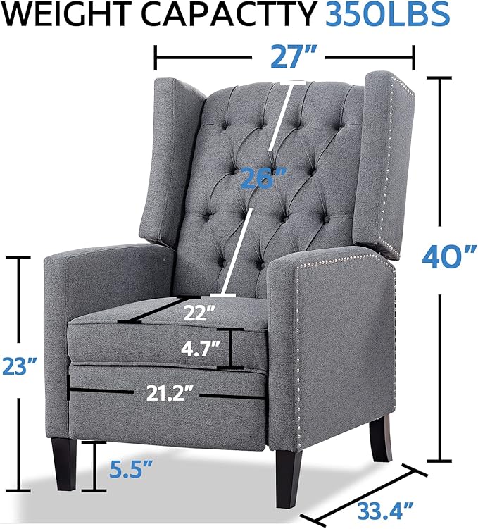 Grey Mid Century Modern Recliner Wingback Accent Chair with Push Back Mechanism Button Tufted Fabric Sofa &amp Nailhead Trim - Comfy Living Room Seating for Home Theater Office