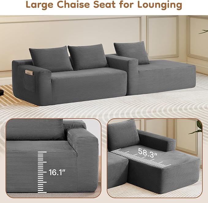 Rovibek 97” Couches for Living Room Modular Sectional Sofa with Chaise &amp Deep Seat Comfy Corduroy Boneless Couch No Assembly Required Grey