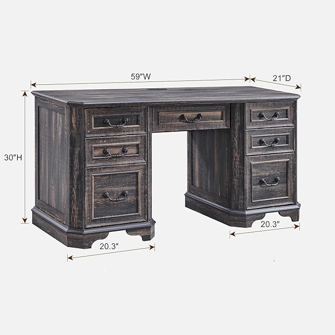 RedLemon 60 Executive Desk with DrawersWood Home Office Desk Featuring Keyboard TrayCharging StationFile Drawer Storage Cabinetfor Work and Study (Dark Rustic Oak)