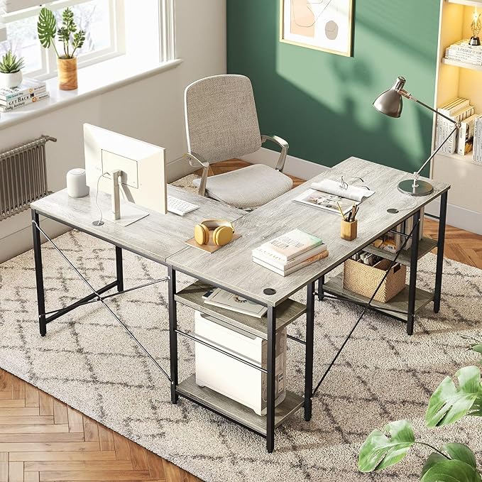 Bestier L Shaped Desk 95.2 Inch Reversible Corner Computer Desk with Shelves 2 Person Long Table for Home Office Large Writing Storage Workstation with 3 Cable Holes Rustic Brown Grey Oak