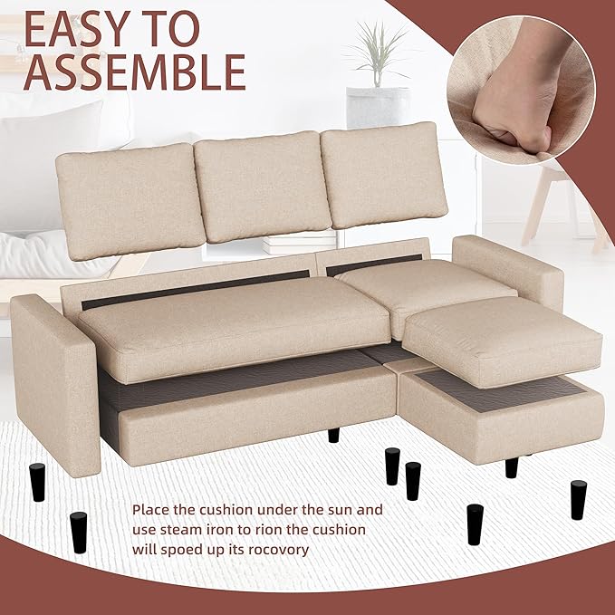 JAMFLY Sectional Couch Sofa Convertible L Shaped Sofas Couch with Ottoman Small Sectional Sofa for Living Room 3 Seater for Small Spaces Khaki