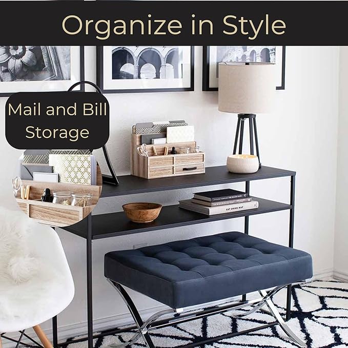 BLU MONACO | Natural Wood Mail Organizer with Drawer &amp Pen Holder | Rustic Desk Organizer for Bills Letters &amp Countertop Storage | Wooden Desktop Mail Sorter for Home &amp Kitchen