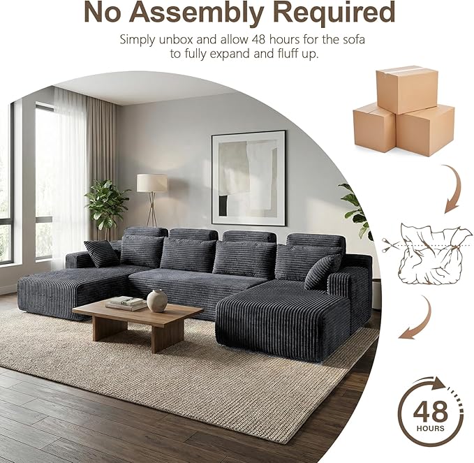134 U-Shape Oversized Cloud Boneless Sofa Couch with Chaise Modern Modular Sectional Comfy U-Shape Cloud Couch Deep Seat No Assembly Required (Grey) | Boneless Sofa Ergonomic Design