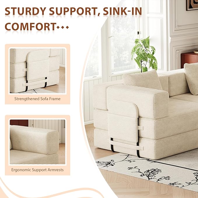 Convertible Sofa Bed 108+108+72.4 Sectional Couch 8-Seater with Storage Pockets Modular Sleeper Couch Corduroy Folding Floor Boneless Lounge Sofa for Living Room Guest Room Beige