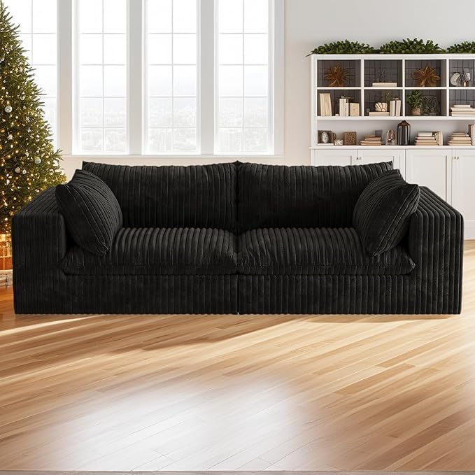 Boneless Corduroy Modular Couch with Removable Cushion 78.8 Comfy Cloud Couch for Small Spaces Deep Seat &amp Memory Foam No Assembly Required Compression Couches for Small Spaces(Black) | Fluff