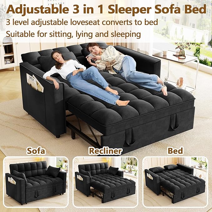 3 in 1 Convertible Sleeper Sofa Bed 52'' Velvet Pull Out Couch Bed with Comfy Pillows &amp Adjustable Backrest/Side PocketsFuton Loveseat Sleeper Sofa for Small Spaces Living Room Bedroom (Black)