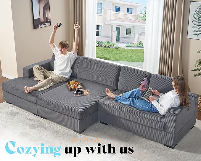 AMERLIFE 137 Inch Oversized Sectional Sofa Large Double Chaise Couch Comfy Sofa Couch with Right Chaise Grey Corduroy Sofa