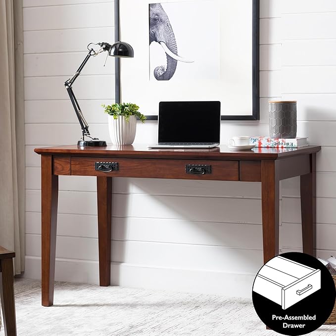 Leick Home 82400 Mission Writing Computer Desk with Drop Front Keyboard Drawer for Home Office Solid Wood Mission Oak