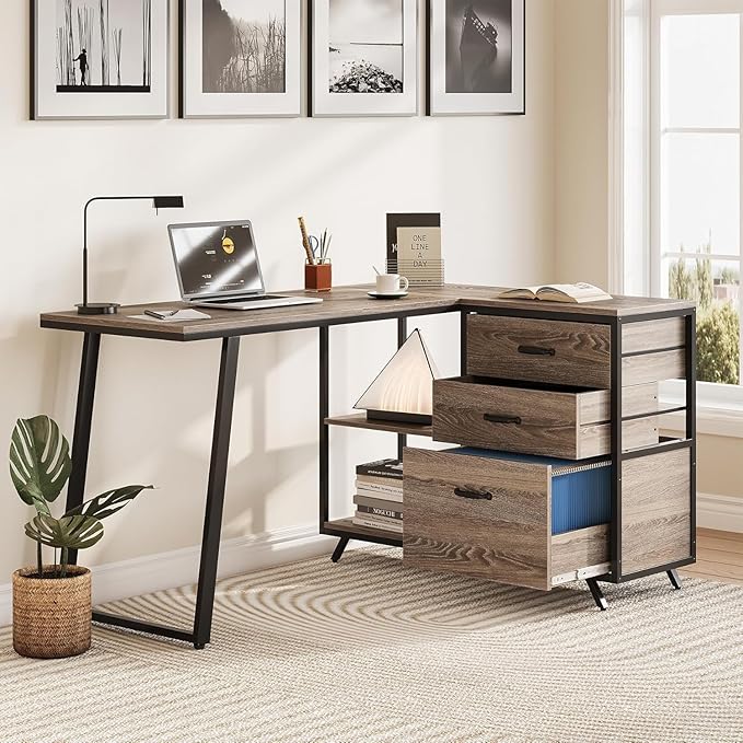 LITTLE TREE L-Shaped Desk with 3-Tier Drawer Cabinet 53 Reversible Corner Desk with Wooden Storage Shelves Farmhouse Computer Desk for Home Office Modern Writing Workstation for Bedroom Grey