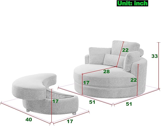Yoglad Modern Swivel Accent Round Chair Barrel Sofa with Storage Ottoman Oversize Lounge Chair Linen Fabric Round Chair with Pillows for Living Room Office (Lvory 51)