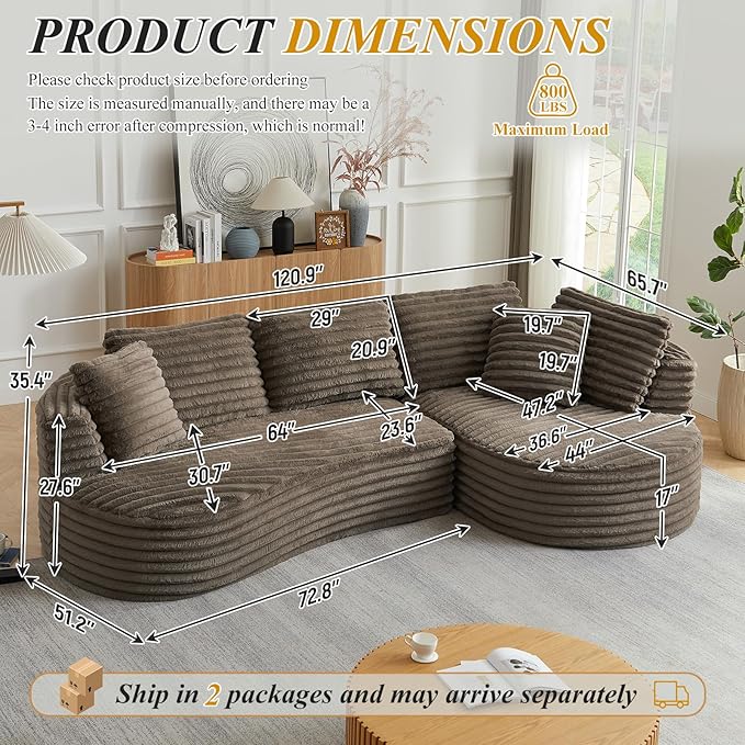 120'' Boneless Modular Sectional Curved Sofa Upholstered Cloud L Shaped Couch with Chaise Oversized Home Sofa Living Room Corduroy Couch No Assembly Required (Dark Brown Right Facing Chaise)