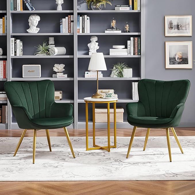 Topeakmart Velvet Accent Chair Modern and Mid Century Barrel Chair Makeup Chair with Soft Padded and High Back for Living Room Bedroom Dressing Room Home Office Set of 2 Green