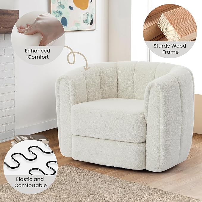 KEIKI Swivel Accent Chair Set of 2 Comfy Upholstered Barrel Armchair for Living Room White and White