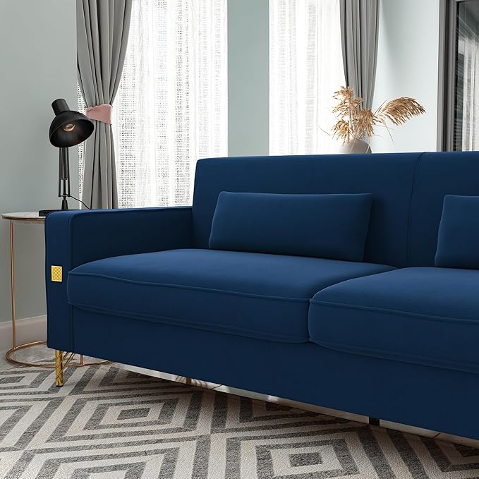 KEIKI 86 Oversized Luxury Velvet Sofa with Armrest and Removable Plush Cushions Gold Accents 3-Seater Couch with Solid Legs Easy Assembly for Living Room Bedroom Apartment Blue