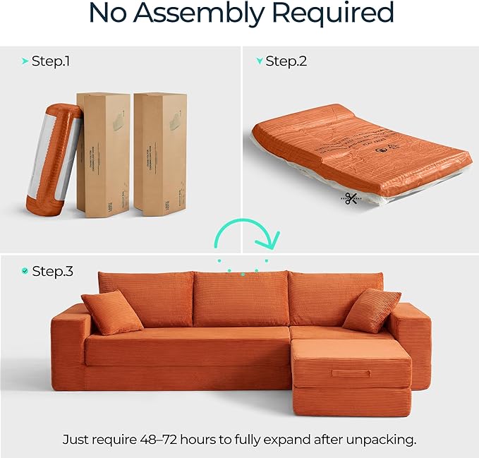 LINSY HOME Oversized Convertible Sofa Bed with 2 Pillows &amp Ottoman Corduroy Boneless Couch Folding Modular Sleeper Sofa L Shaped Couch Floor Sofa for Living Room Apartment Upgrade Backrest (Ora
