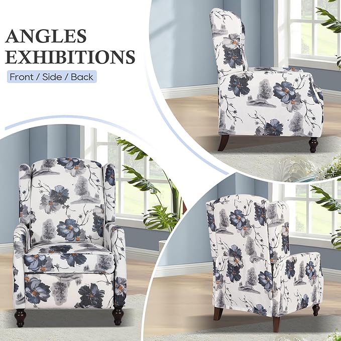 Set of 2 Wingback Recliner Chair - Tufted Arm Chair Recliner - Fabric Push Back Single Sofa for Living Room Adjustable Backrest (Blue Floral)