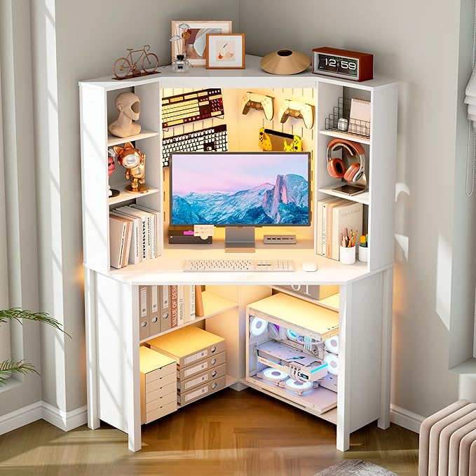 L-Shaped Corner Desk LED Light Computer Desk with Charging Station Hutch Storage Shelves &amp File Cabinet Home Office Desk Workstation for Small Space White