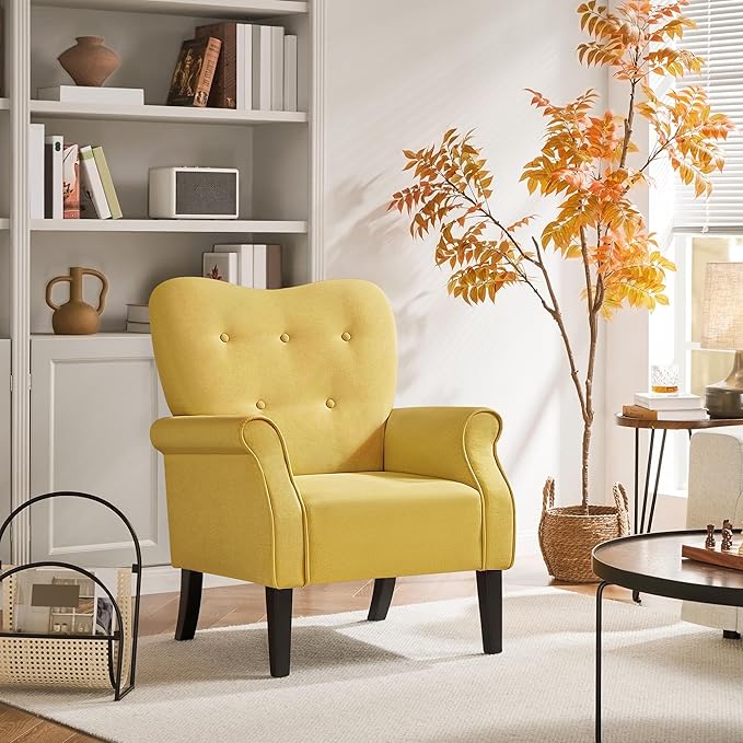 Yaheetech Modern Armchair Mid Century Accent Sofa Chair with Sturdy Wood Legs and High Back Upholstered Fabric Sofa Club Chair for Living Room/Bedroom/Office Yellow