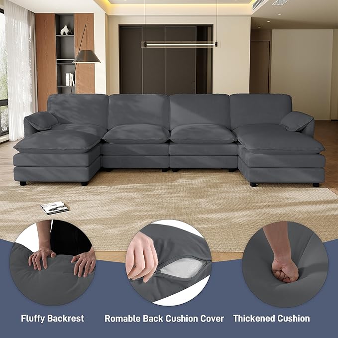 149.2 U Shaped Cloud Couch Sectional for Living Room Modern Modular Deep Seat Sofa with Movable Ottoman Comfy Fluffy Chenille Sectional Sofa Set Grey