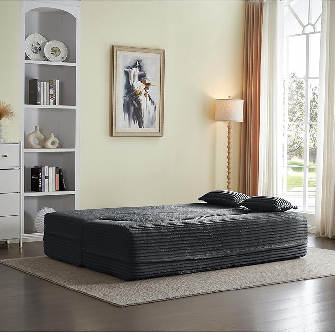 2 in 1 Folding Floor Couch Sofa Bed with 2 Pillows Convertible Sleeper Sofa Modern Full Mattress for Living Room Guestroom Plush Corduroy Floor Sofa BedNo Assembly RequiredDark Grey