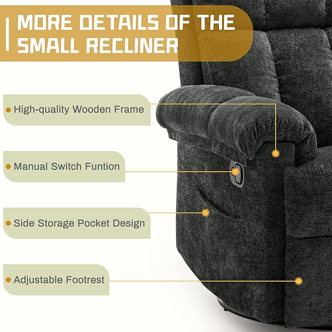 Recliner Chair Swivel Rocker Recliner Chair for Adults Small Recliners for Small Spaces Upholstered Manual Recliner with Side Pockets Nursery Rocking Chair for Living Room Chenille Black