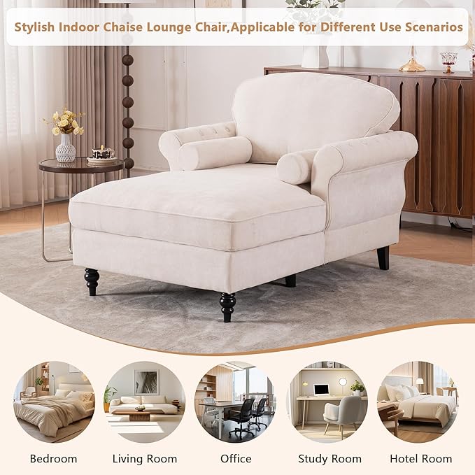 Setawix Chenille Upholstered Chaise Lounger Sleeper Sofa ChairOversized Chaise Lounge Chair Indoor with Rolled ArmsMid Century Modern Lounger Couch for Living Room Bedroom (Beige 43.3 W)