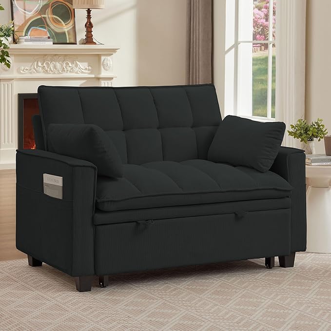 Sleeper Sofa with Pull Out Couch Bed 48.43 Convertible Pull-Out Sofa Bed Chair 3-in-1 Futon Couch with Reclining Backrest and Side Pockets for Living Room Bedroom Apartment Light Grey