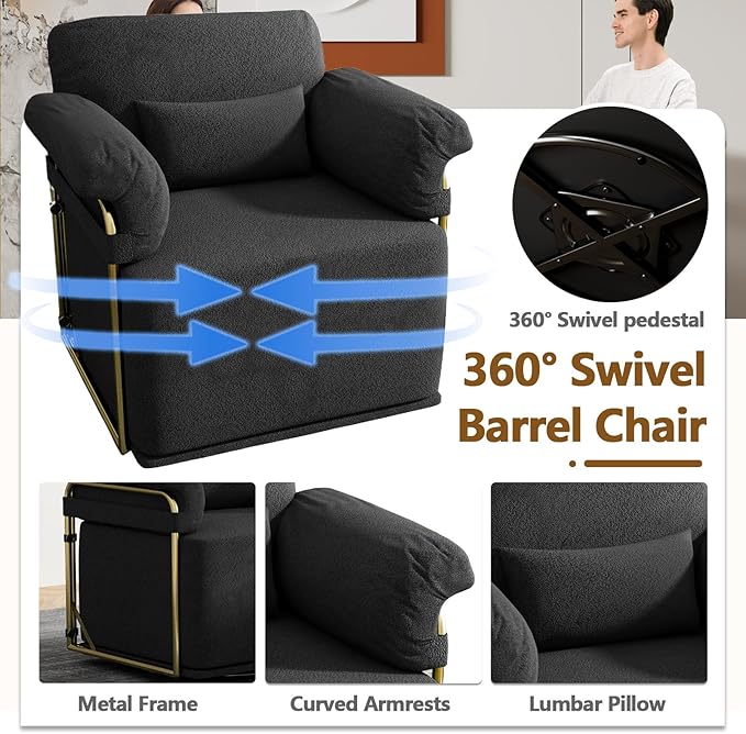 Swivel Accent Chairs 360 Swivel arm Chairs for Bedroom Club Chair with Back Gold Frame Tall Base for Office and Living Room (Black)